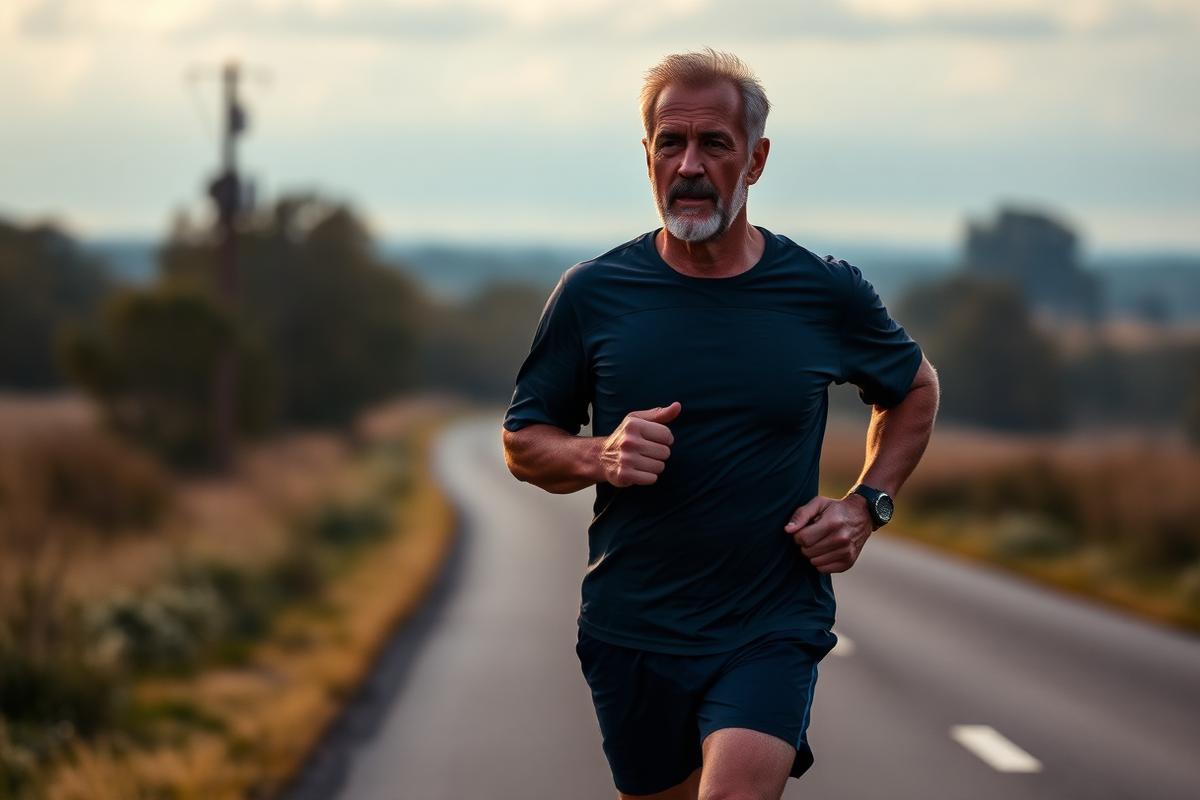 A man running on a country road at dawn
