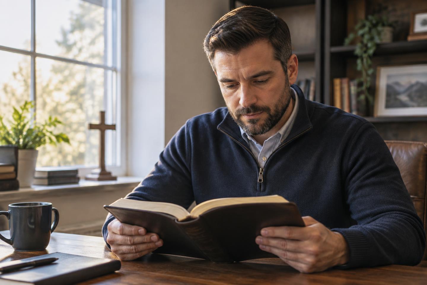 A man reading an open Bible in a quiet study