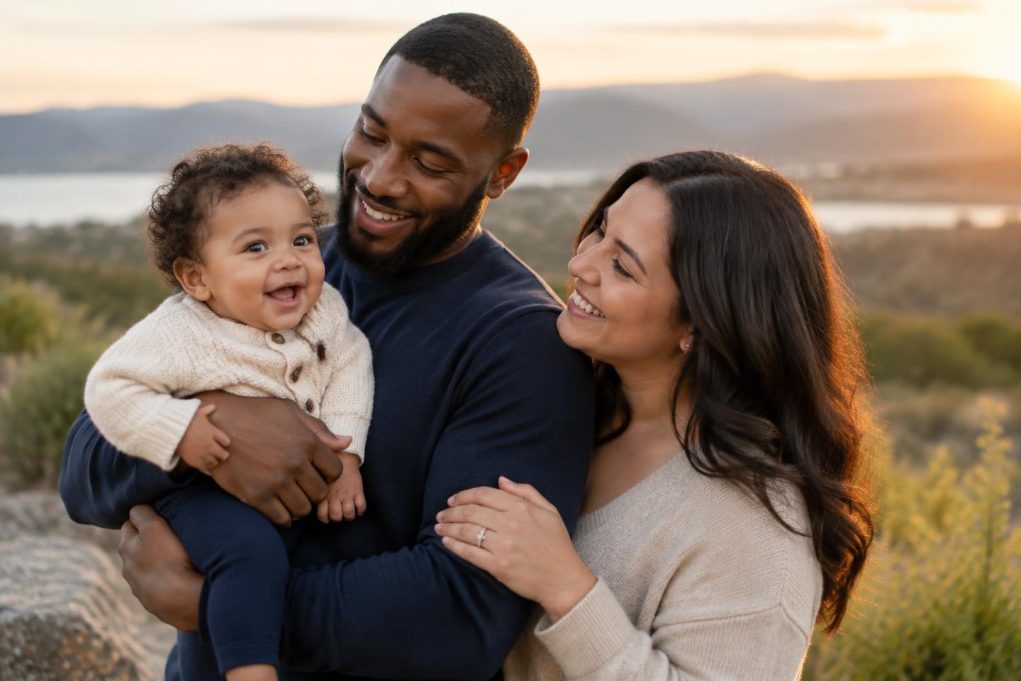 A mother and father holding their smiling baby outdoors